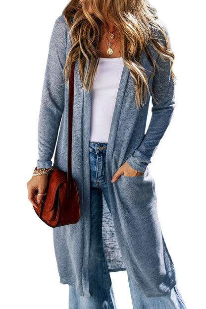 Blue Slub Knit Pocketed Open Front Maxi Cardigan - Chic Meadow Boutique 