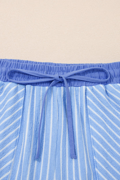 Sky Blue Stripe Crew Neck Tee Drawstring Waist Cropped Pants Set