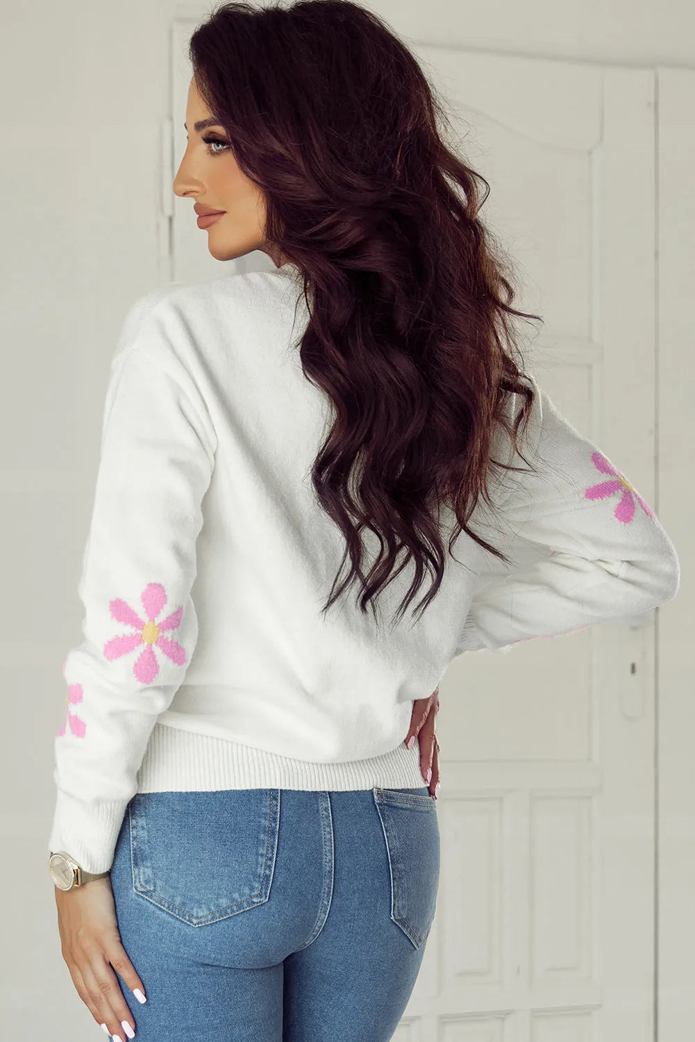 White Flower Pattern Ribbed Edge Elegant Sweater - Chic Meadow Boutique 