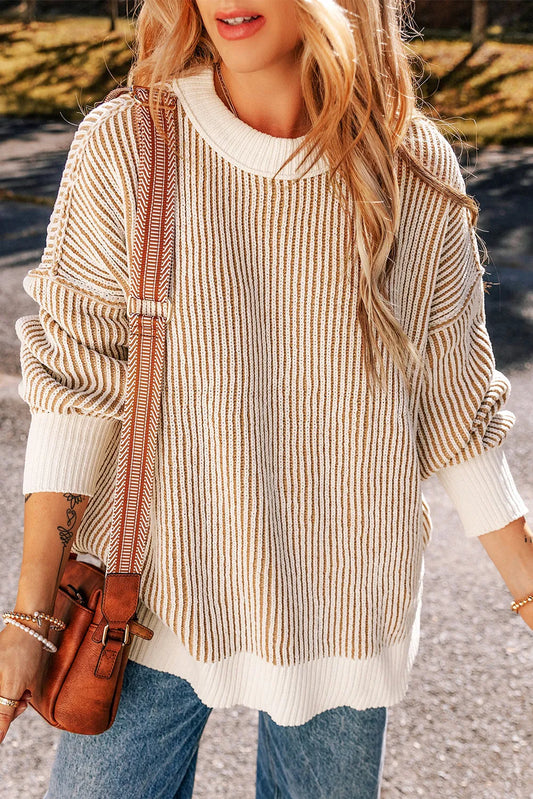 Chestnut Striped Textured Knit Contrast Edge Loose Sweater - Chic Meadow Boutique 