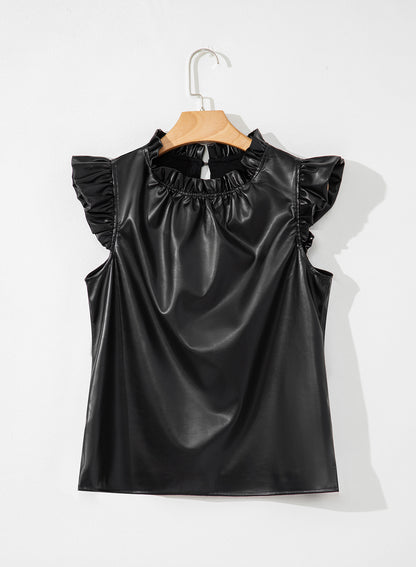 Black PU Leather Frilly Ruffle Trim Blouse