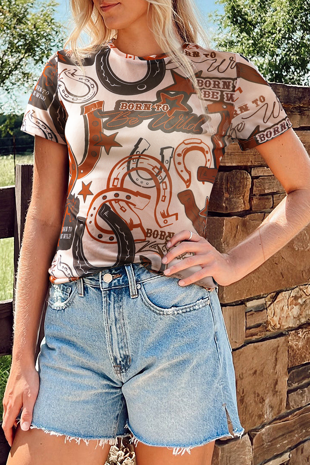 Brown Western Horseshoe Printed Mesh T Shirt
