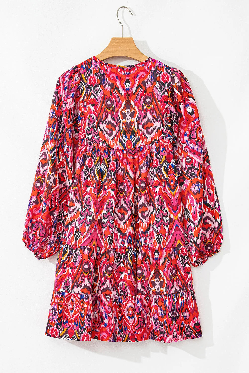 Rose Abstract Printed Tassel Tied Neck Long Sleeve Ruffled Mini Dress - Chic Meadow Boutique 