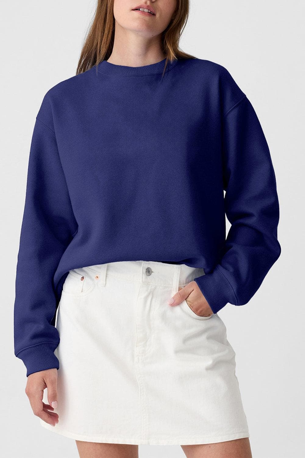 Tops/Sweatshirts & Hoodies Navy Blue Plain Drop Shoulder Crewneck Pullover Sweatshirt