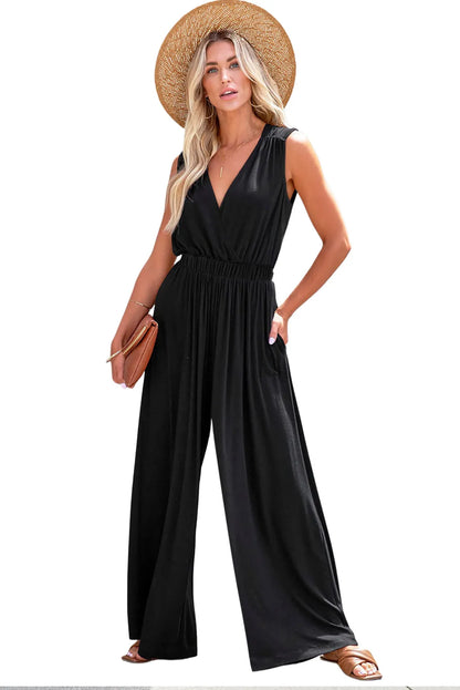 Black Deep V Pleated Crisscross Wide Leg Backless Jumpsuit - Chic Meadow Boutique 