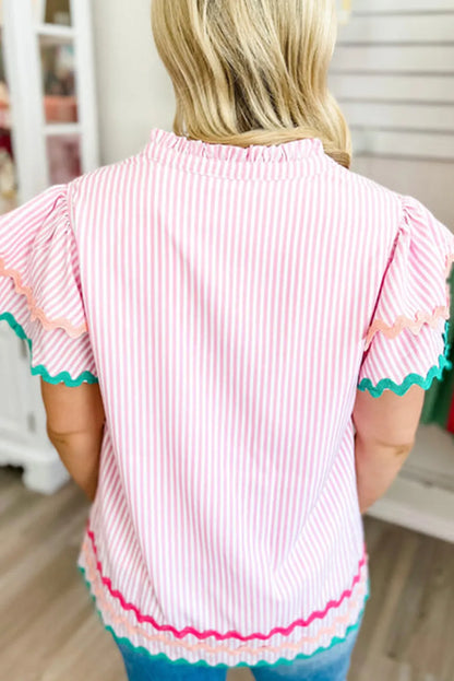 Pink Stripe Ricrac Trim Split Neck Striped Ruffled Sleeve Blouse - Chic Meadow Boutique 