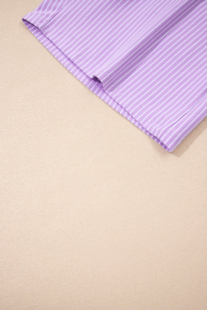 Purple Stripe Dolman Sleeve Polo Shirt and Drawstring Shorts Set