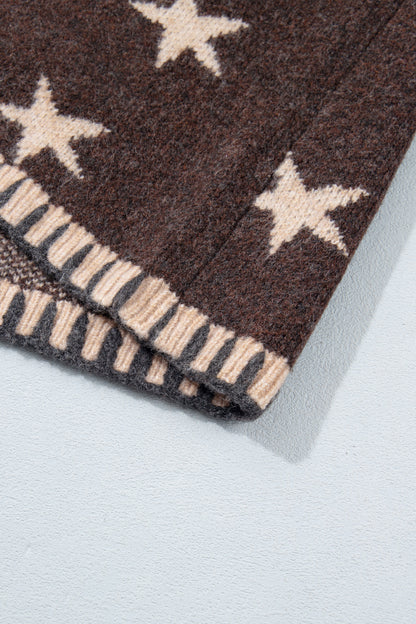 Brown Stars Pattern Colorblock Long Sleeve Shift Cardigan