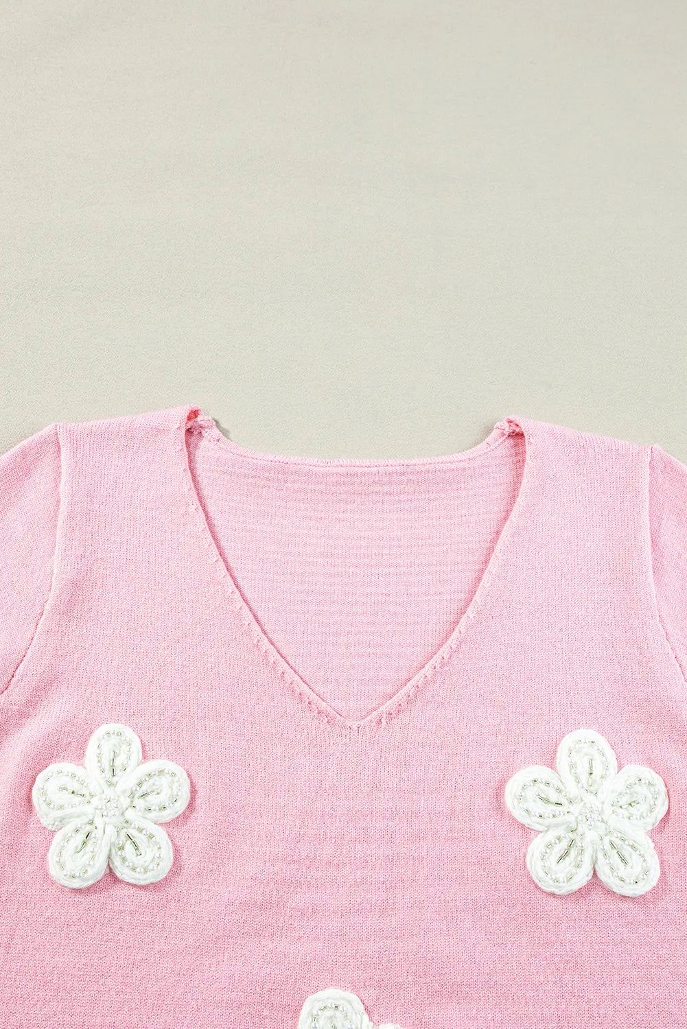 Pink Flower Crochet V Neck Short Sleeve Sweater - Chic Meadow Boutique 