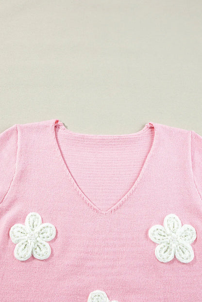 Pink Flower Crochet V Neck Short Sleeve Sweater - Chic Meadow Boutique 