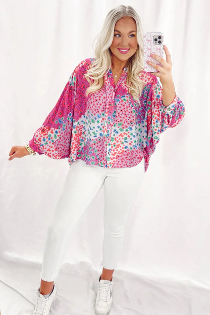 Rose Red Floral Allover Print Buttoned V Neck Oversized Shirt - Chic Meadow Boutique 