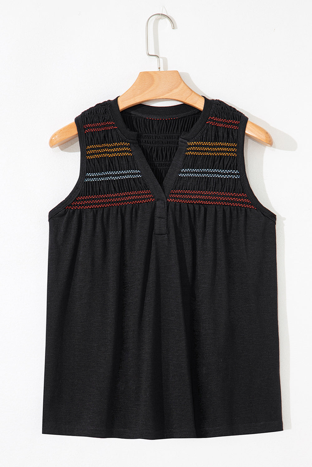 Black Colorful Shirred Yoke Notched V Neck Tank Top