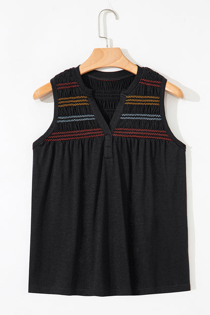 Black Colorful Shirred Yoke Notched V Neck Tank Top