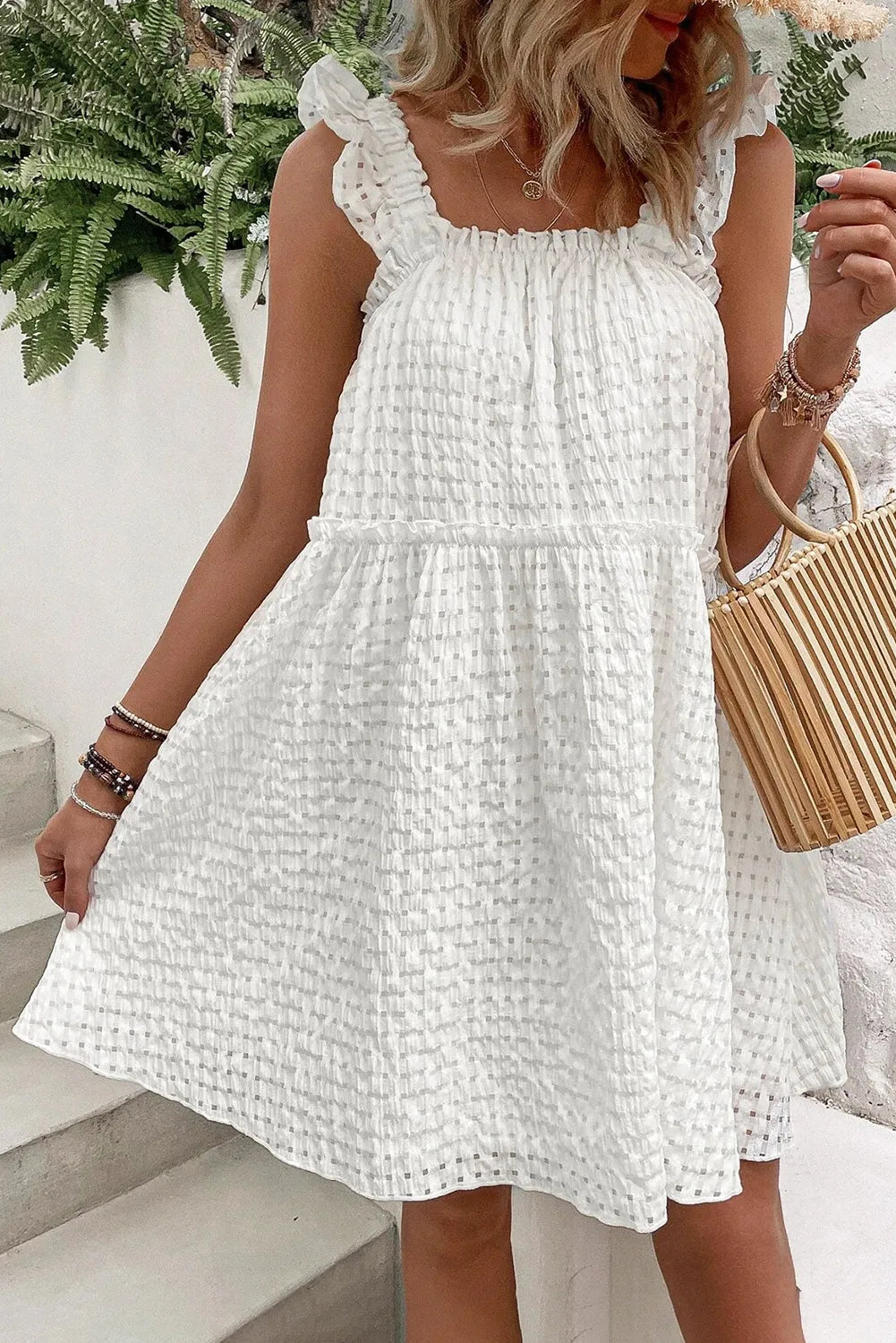 White Plaid Ruffled Straps Flowy Sleeveless Dress - Chic Meadow Boutique 