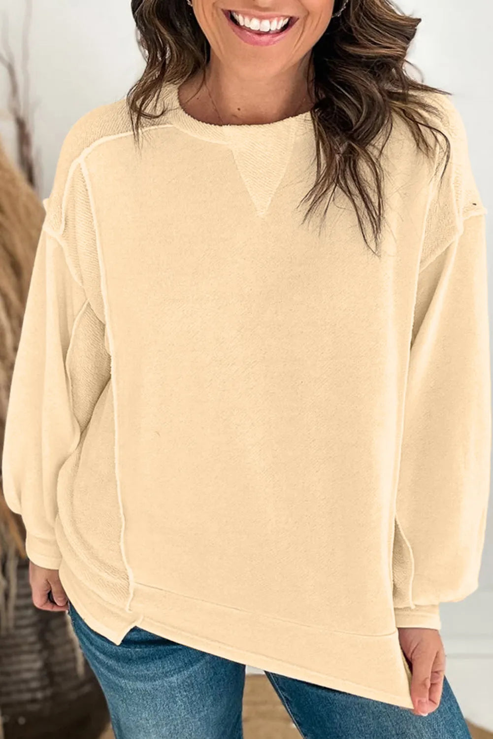 Beige Splicing Round Neck Pullover Sweatshirt - Chic Meadow Boutique 