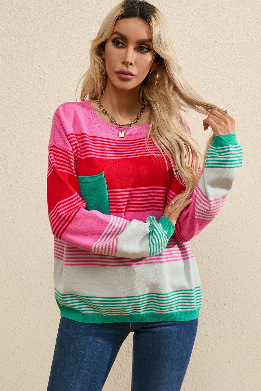 Rose Striped Knit Patch Pocket Drop Shoulder Sweater