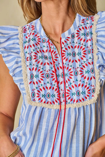 Sky Blue Stripe Geo Pattern Embroidered Tassel Flutter Blouse - Chic Meadow Boutique 