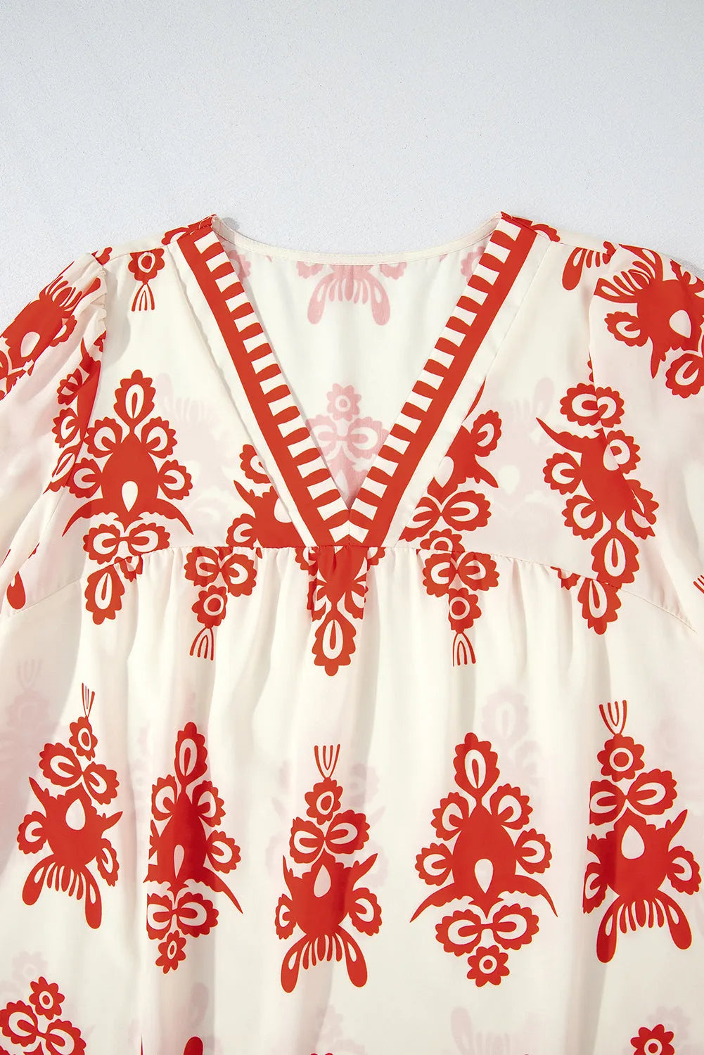 Orange Vintage Geometric Printed 3/4 Sleeve V Neck Blouse - Chic Meadow Boutique 