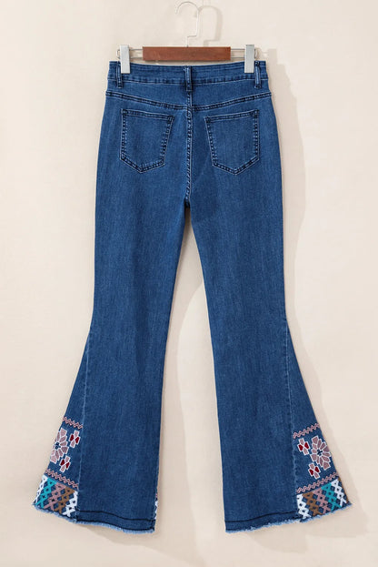 Ashleigh Blue Geometric Embroidered Raw Hem Flared Jeans - Chic Meadow Boutique 