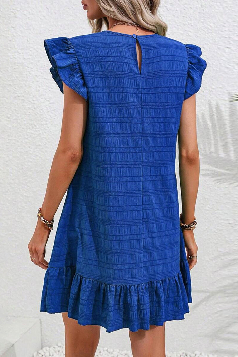 Dark Blue Textured Flutter Sleeve Ruffled Mini Dress