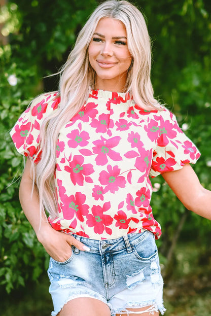 Beige Floral Puff Sleeve Frilled Neckline Blouse - Chic Meadow Boutique 