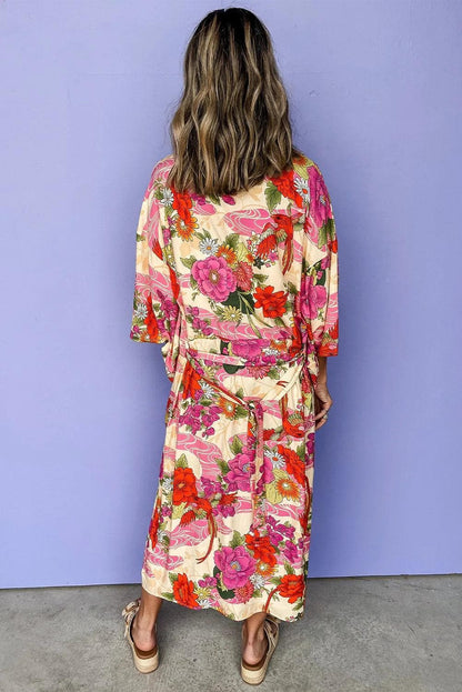 Outerwear/Kimonos Pink Floral Allover Print Open Front Belted Duster Kimono