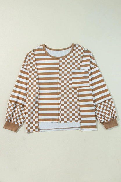 Plus Size/Plus Size Tops/Plus Size Long Sleeve Tops Khaki Striped Checkered Mixed Print Chest Pocket Casual Plus Size Top