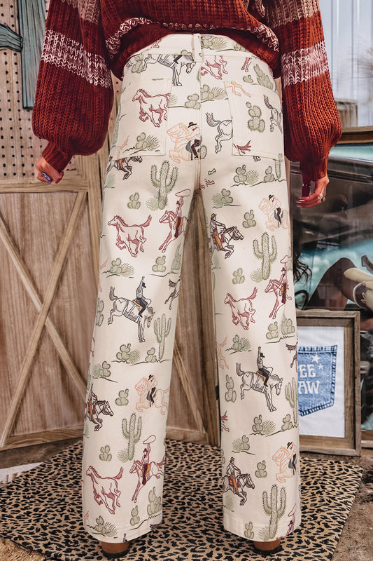 Multicolour Western Print Straight Leg Ankle-Length Pocket Jeans