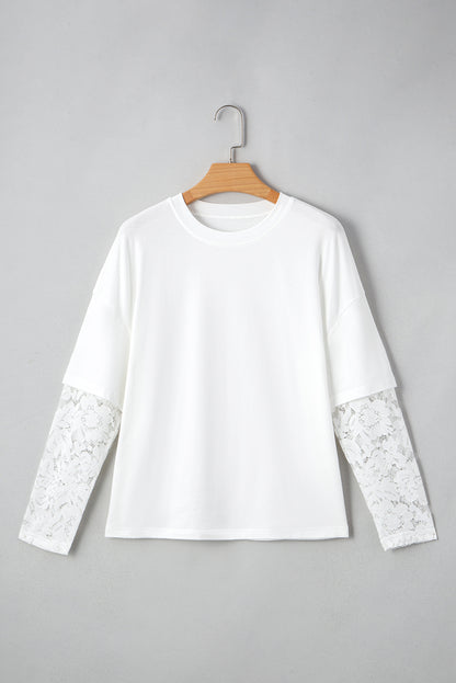 White Lace Long Sleeve Insert Drop Shoulder Tee