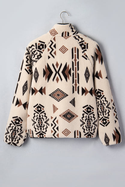 Beige Geometric Print Long Sleeve Shirt Collar Zip-up Placket Binding Tape Jacket