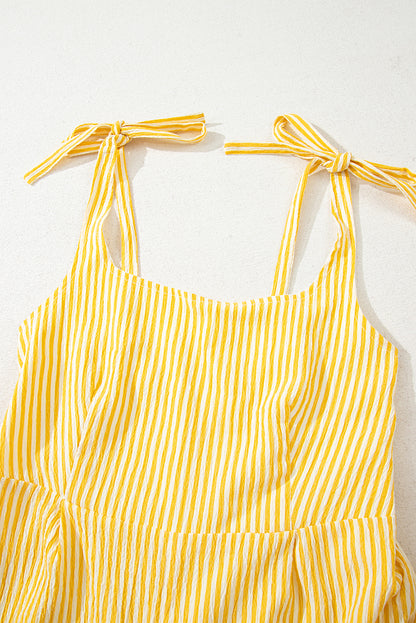 Yellow Stripe Shoulder Tie Smocked Back Wide Leg Casual Romper