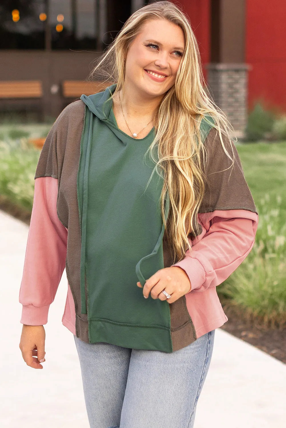 Breen Plus Size Colorblock Patchwork V Neck Hoodie - Chic Meadow Boutique 