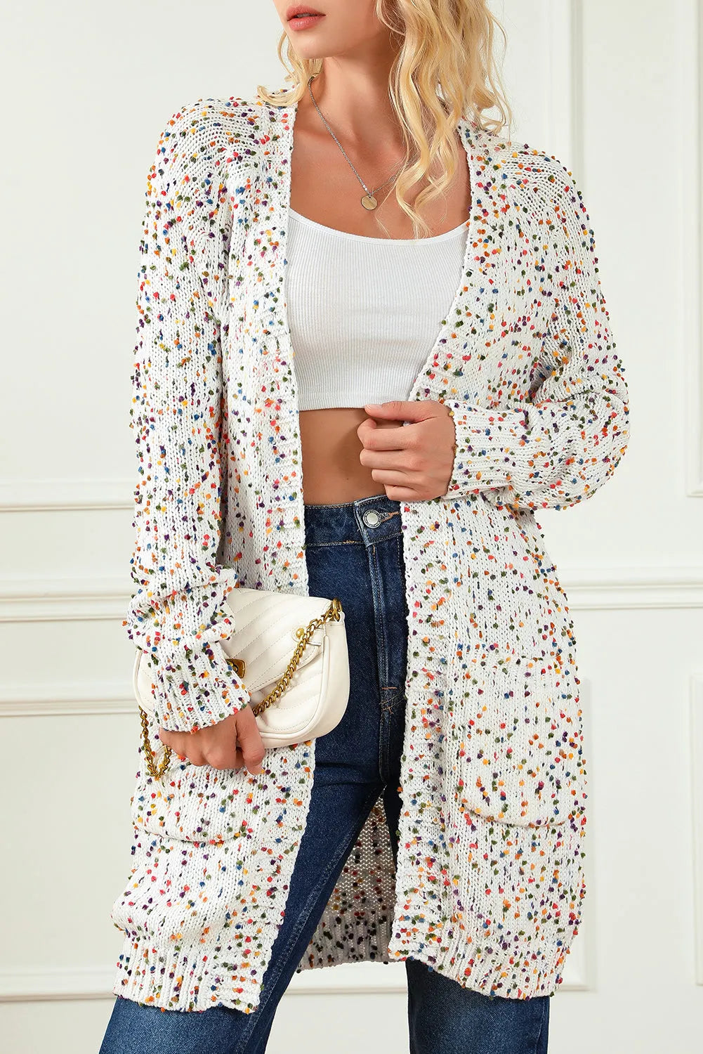 White Rainbow Popcorn Speckles Open Front Cardigan - Chic Meadow Boutique 