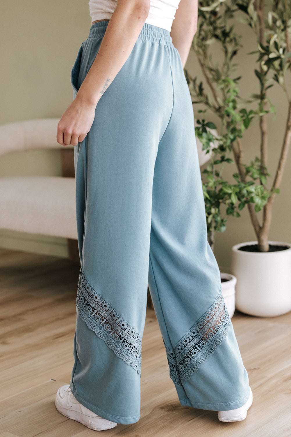 Dusk Blue Lace Crochet Patched Lace-up High Waist Wide Leg Pants