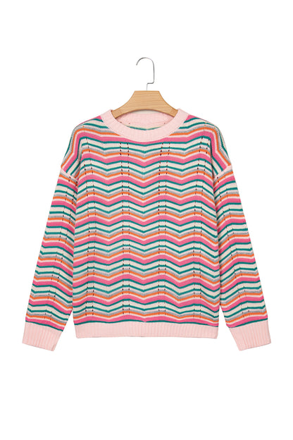 Multicolour Casual Chevron Striped Drop Shoulder Sweater