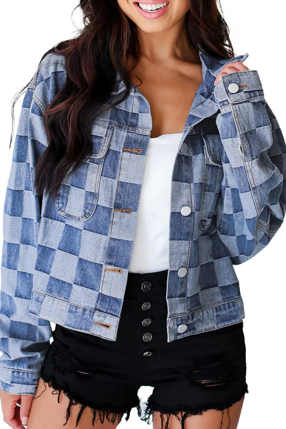 Light Blue Checkered Patchwork Button up Denim Jacket - Chic Meadow Boutique 