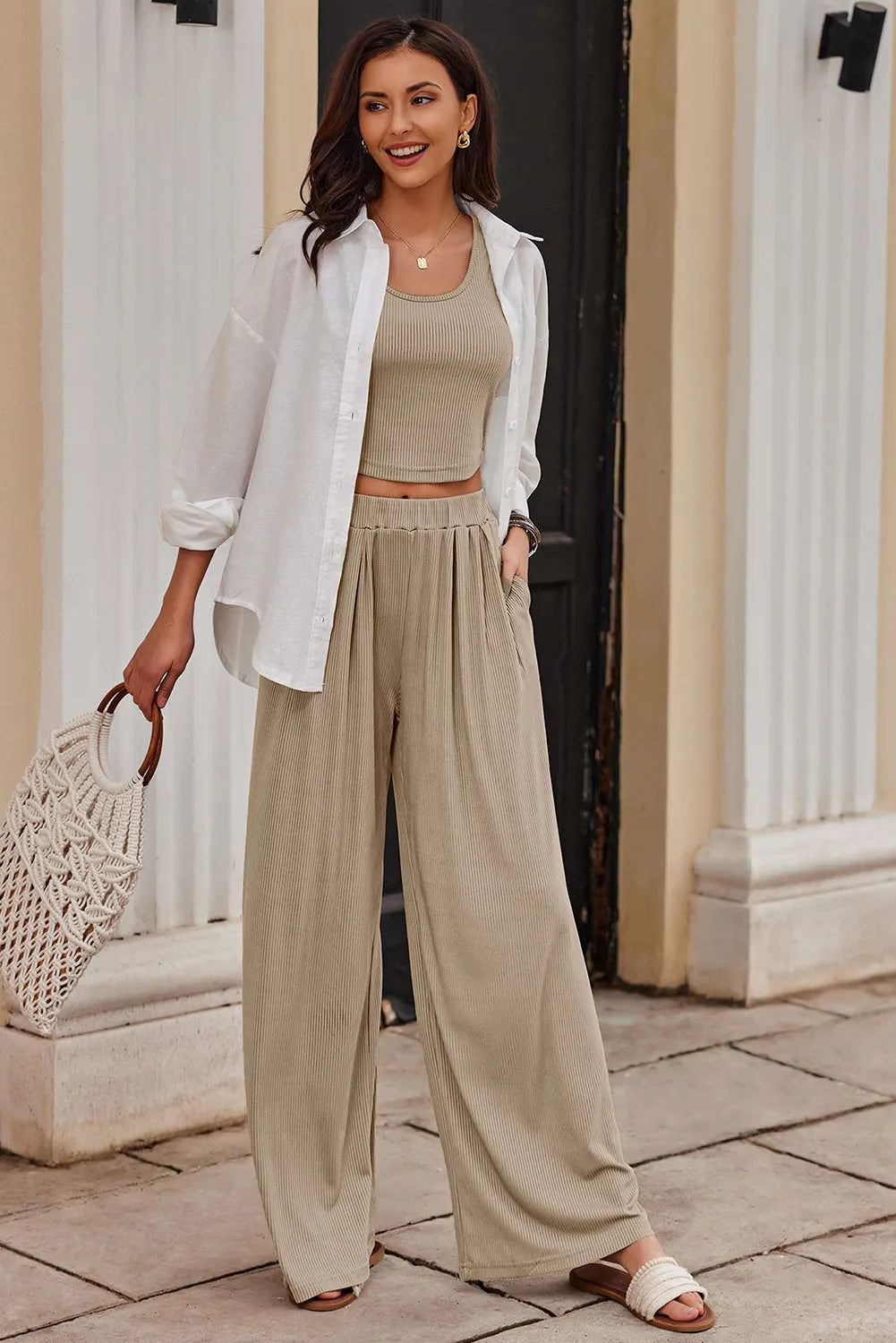 Parchment Textured Sleeveless Crop Top and Wide Leg Pants Outfit - Chic Meadow Boutique 