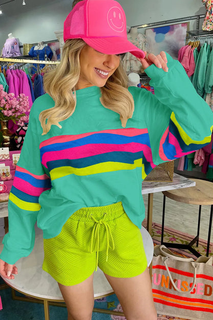 Green Colorful Striped Accent Long Sleeve T Shirt - Chic Meadow Boutique 