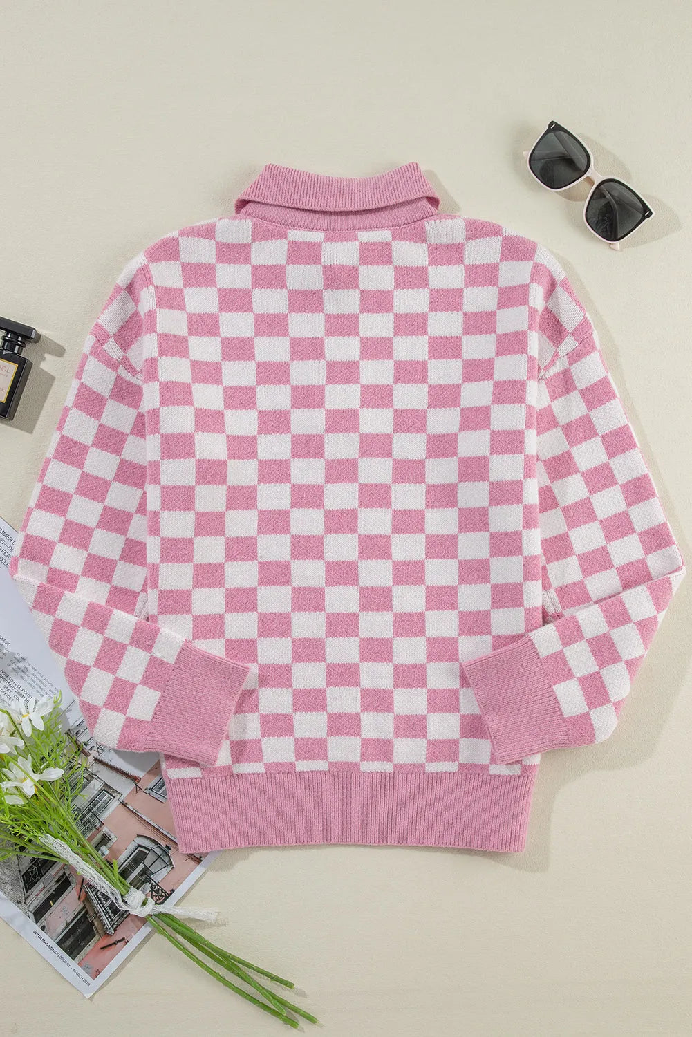 Pink Checkered Buttons Collar V Neck Drop Shoulder Sweater - Chic Meadow Boutique 