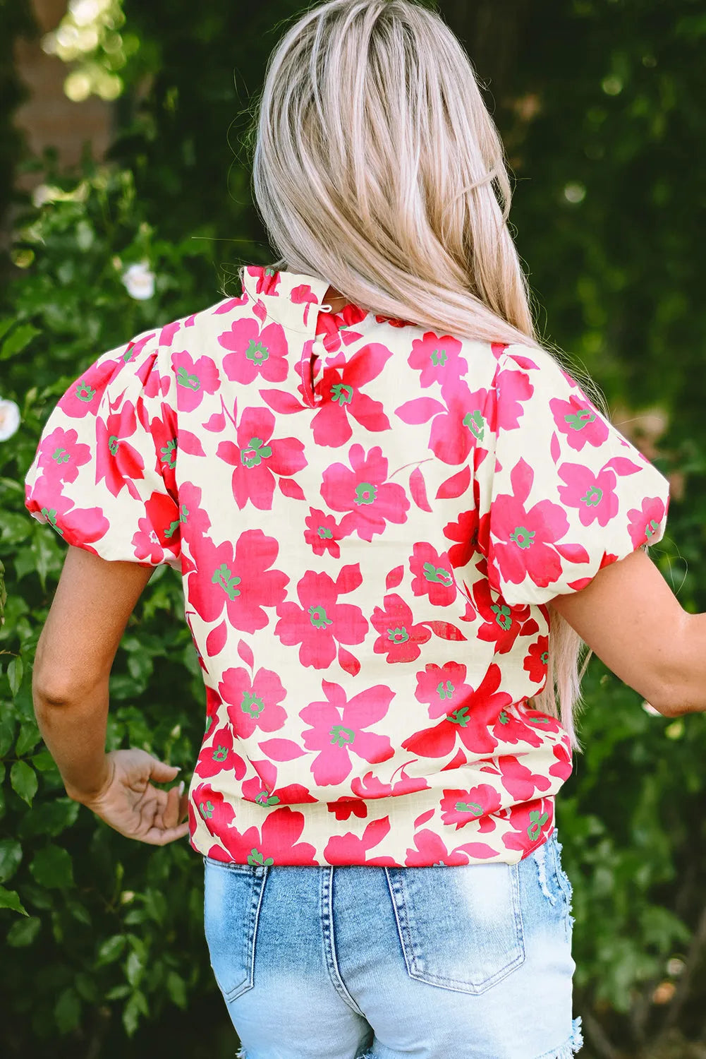 Beige Floral Puff Sleeve Frilled Neckline Blouse - Chic Meadow Boutique 