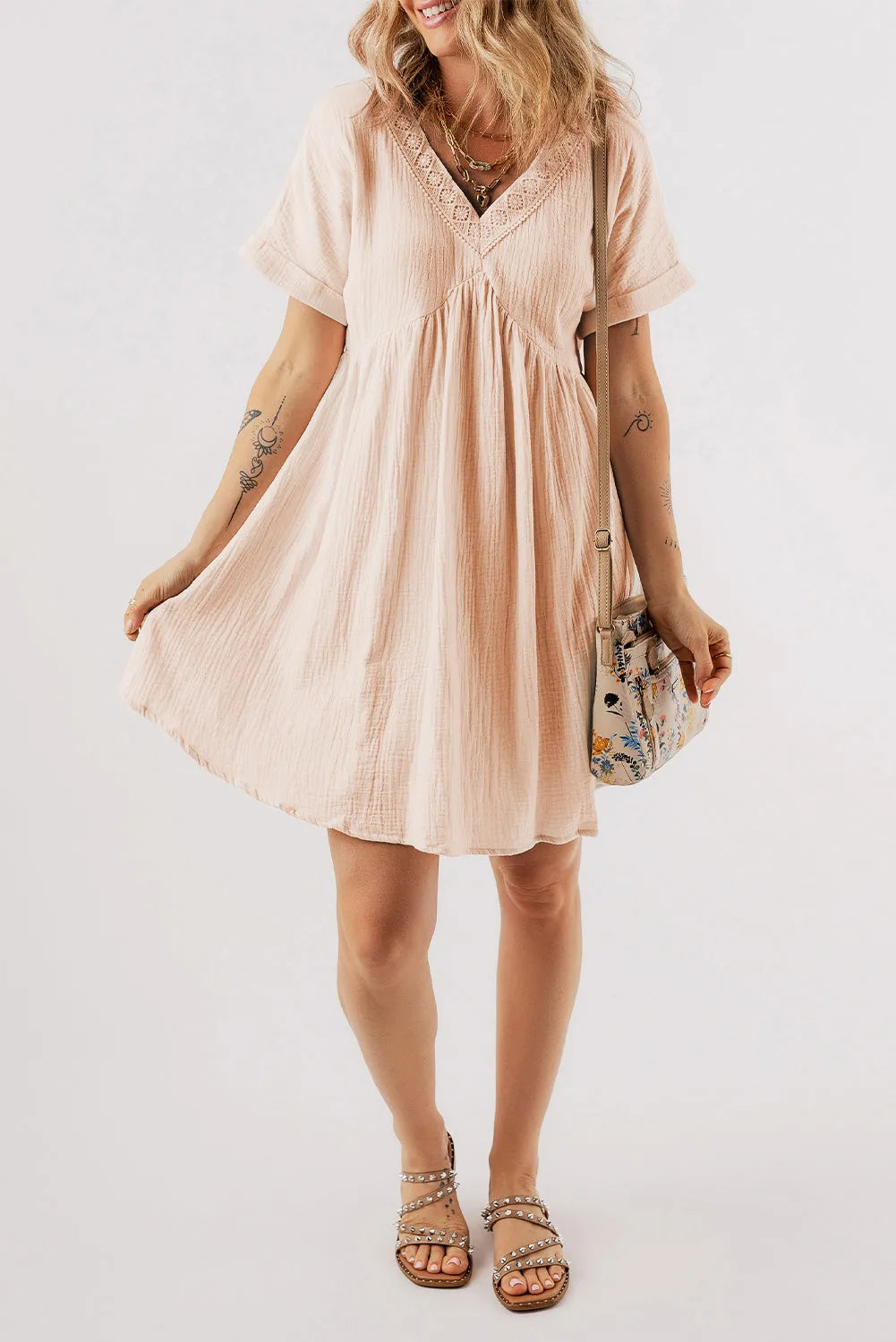 Beige Folded Short Sleeve Lace V Neck Mini Dress - Chic Meadow Boutique 