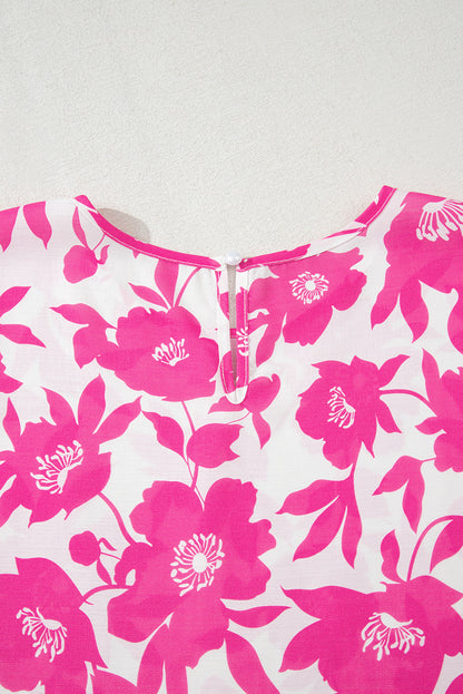 Pink Floral Printed Ruffled Short Sleeve Round Neck Loose Blouse