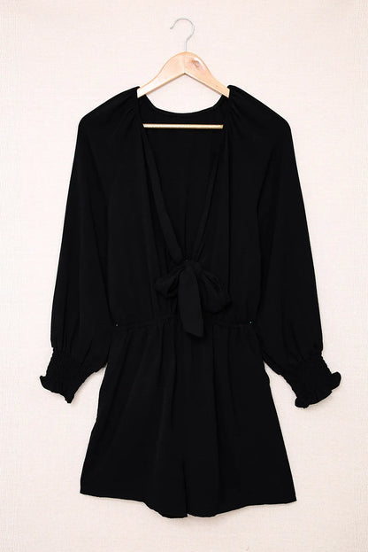 Black Tie Knot Puff Long Sleeve Romper - Chic Meadow Boutique 