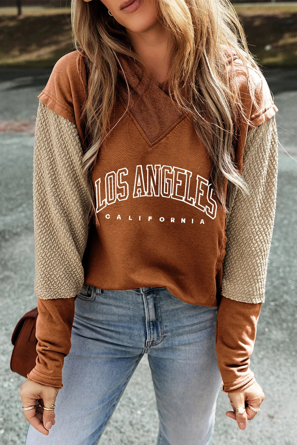 Chestnut LOS ANGELES Colorblock Textured Knit Patchwork Hoodie - Chic Meadow Boutique 