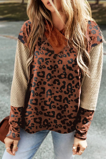 Brown Textured Knit Patchwork Leopard Hoodie - Chic Meadow Boutique 