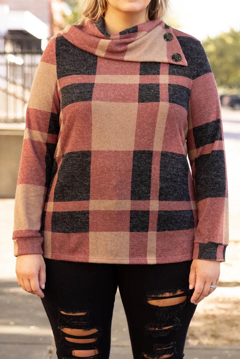 Plus Size/Plus Size Tops/Plus Size Long Sleeve Tops Mineral Red Plus Size Plaid Print Button Decor Asymmetric Neck Top