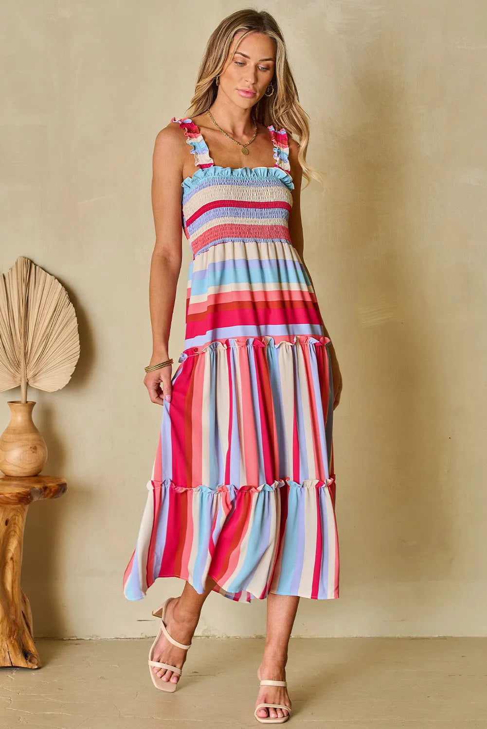 Red Stripe Ruffled Straps Smocked Tiered Long Dress - Chic Meadow Boutique 