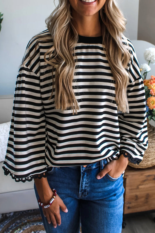 Black Striped Print Drop Shoulder Lace Trim Bracelet Sleeve Loose Top