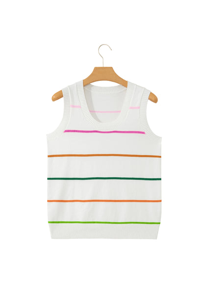 White Stripe Round Neck Knitted Sweater Tank
