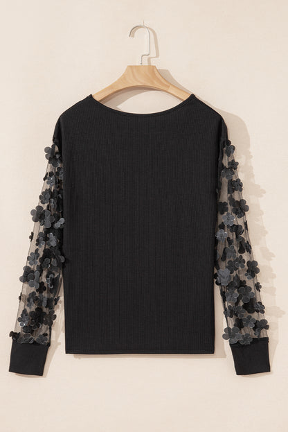 Black Flower Applique Mesh Long Sleeve V Neck Blouse